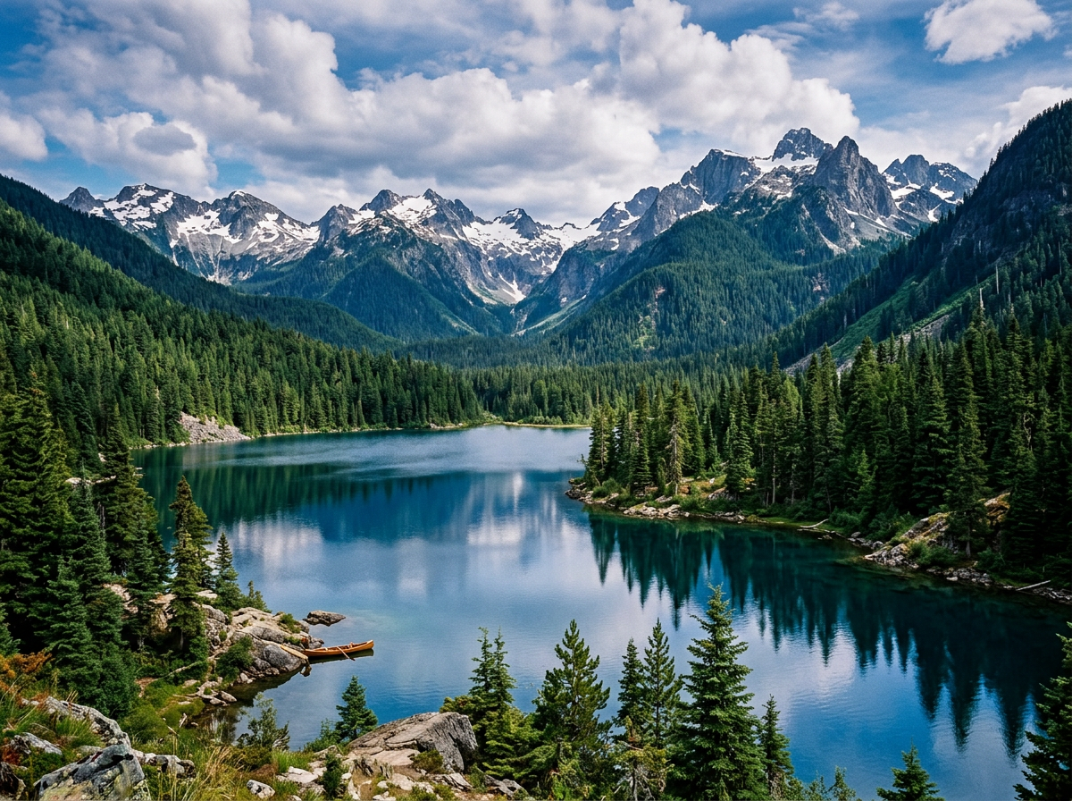 Mountain lake reflecting surrounding evergreen forest and snow-capped mountains