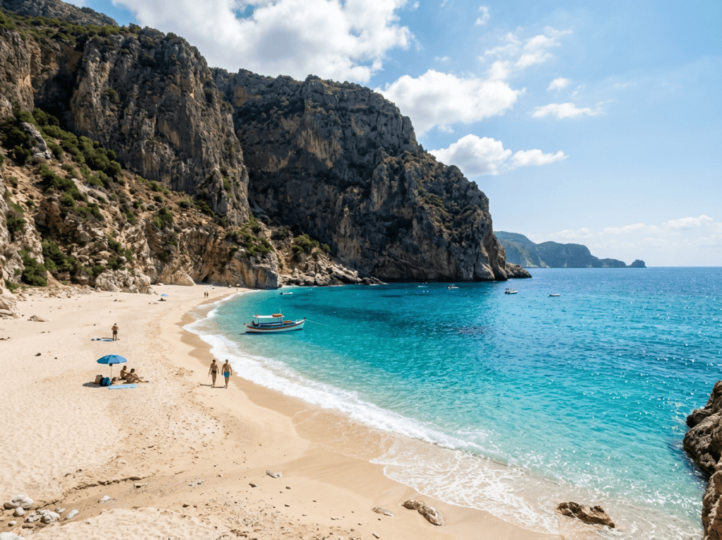 Sandy beach with turquoise sea and cliffs