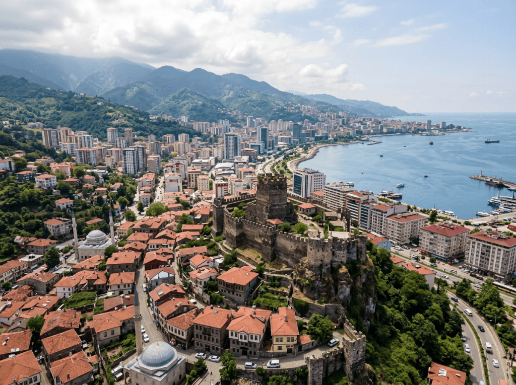 Medieval fortress on hill surrounded by red-roofed houses and coastal cityscape