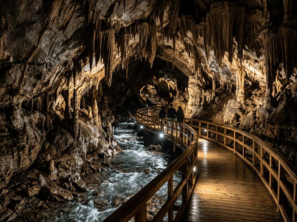 Wooden walkway lit inside cave with stalactites and flowing river