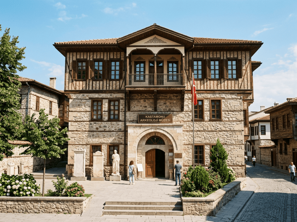 Stone and timber facade of Kastamonu Archaeology Museum with visitors at entrance