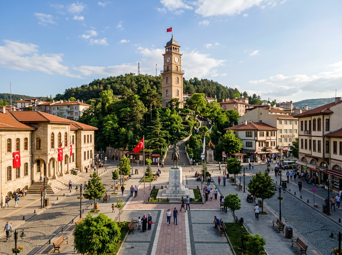 City square with people walking, monument in the center, historic clock tower on hill, and buildings with Turkish flags