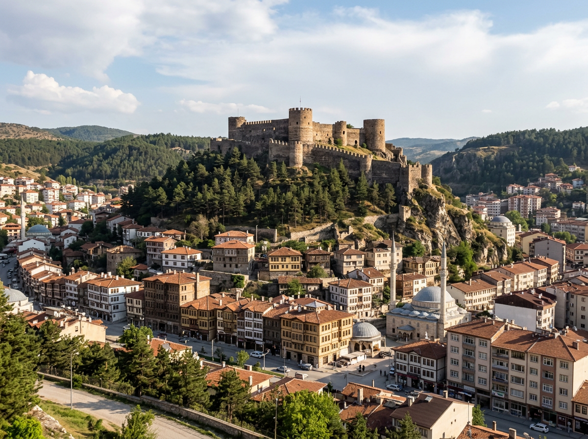 Medieval castle on a hill surrounded by trees and town buildings with red roofs