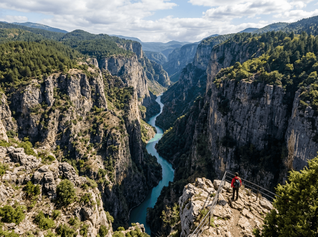 A person standing at a rocky viewpoint overlooking a winding river flowing through a deep mountain canyon with green trees