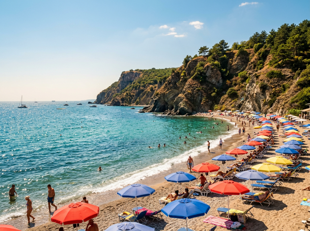 Sandy Mediterranean beach with people swimming and colorful umbrellas