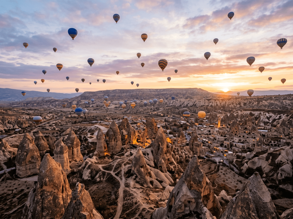 Numerous colorful hot air balloons floating over Cappadocia landscape at sunrise with rock formations and village below