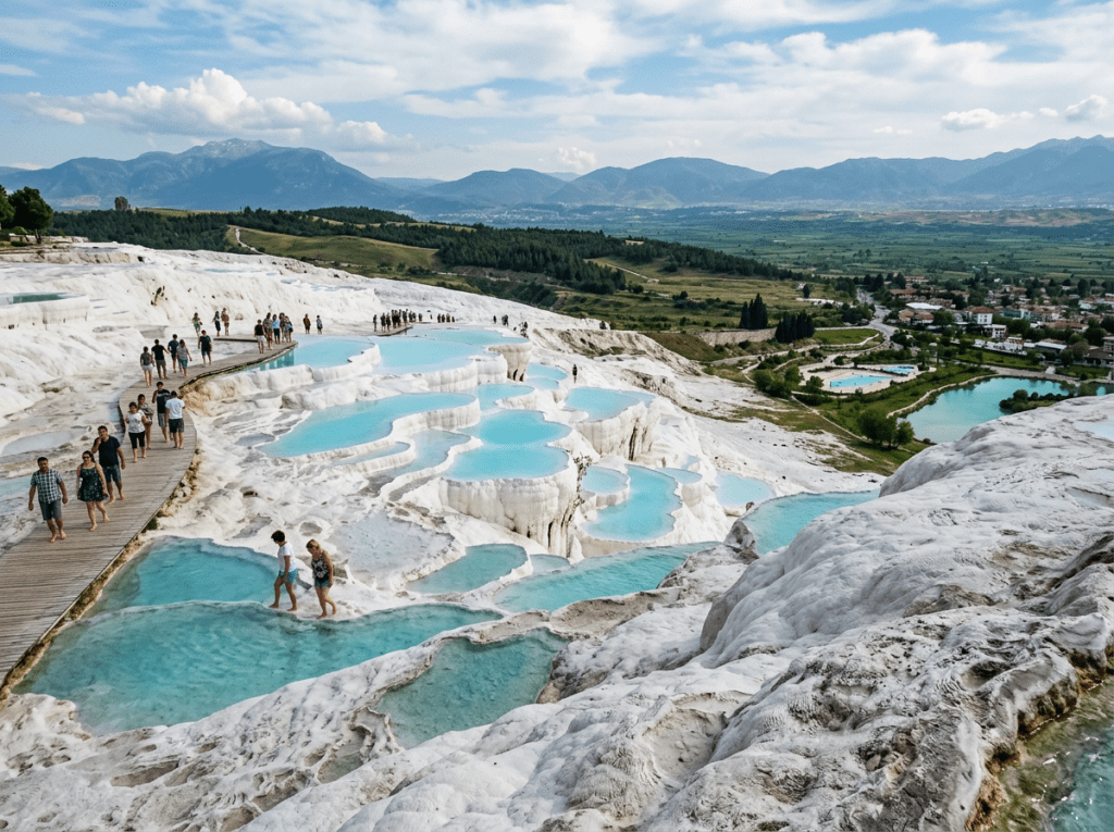 People walking on wooden walkway and wading in turquoise terraces at Pamukkale thermal pools