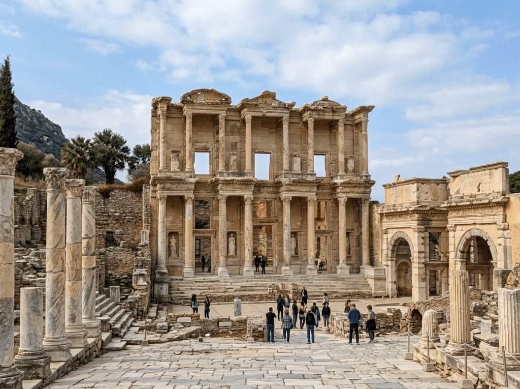 Ruins of the two-story facade of the Celsus Library with visitors walking in front