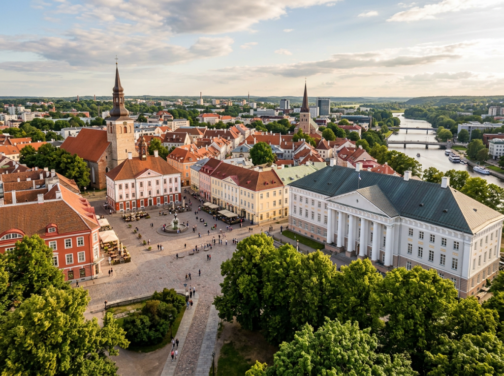 A historic city square with classical buildings, town hall, churches, and a river with bridges