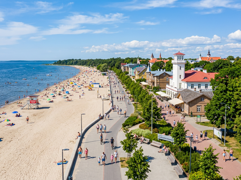 Crowded sandy beach with people on promenade and historic buildings