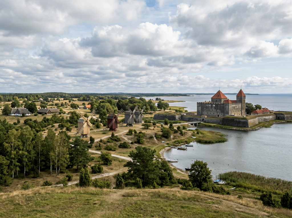 Four traditional wooden windmills near a coastal stone castle with red roofs