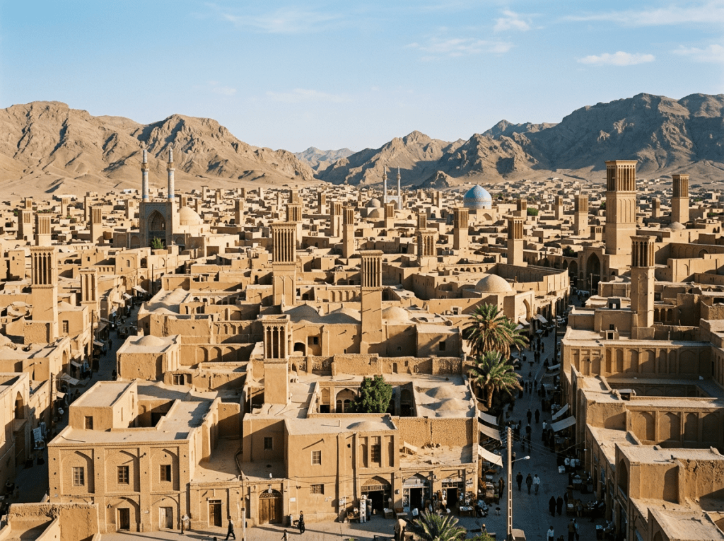 Ancient desert city with numerous wind towers and a blue mosque dome under clear sky