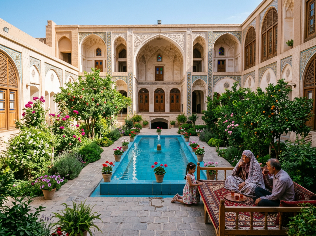 Family seated on a carpeted bench drinking tea in a lush Persian courtyard with a central pool and flowering plants