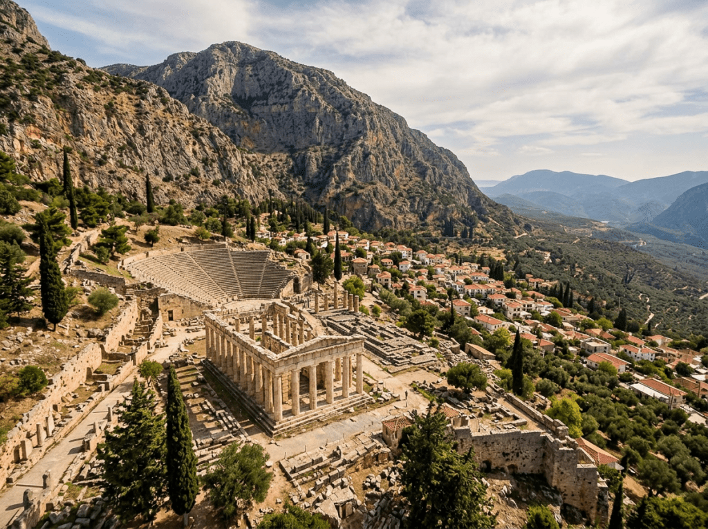 Ancient Greek temple and amphitheater ruins with mountains and village in background