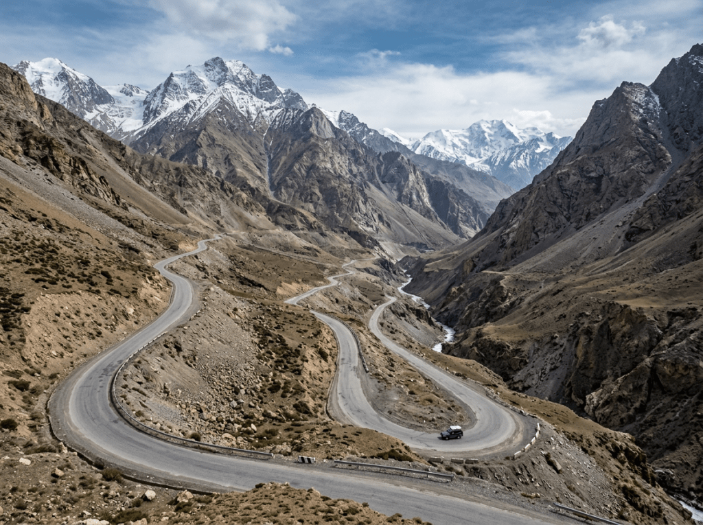 Winding paved road passing through barren mountains with snow-capped peaks