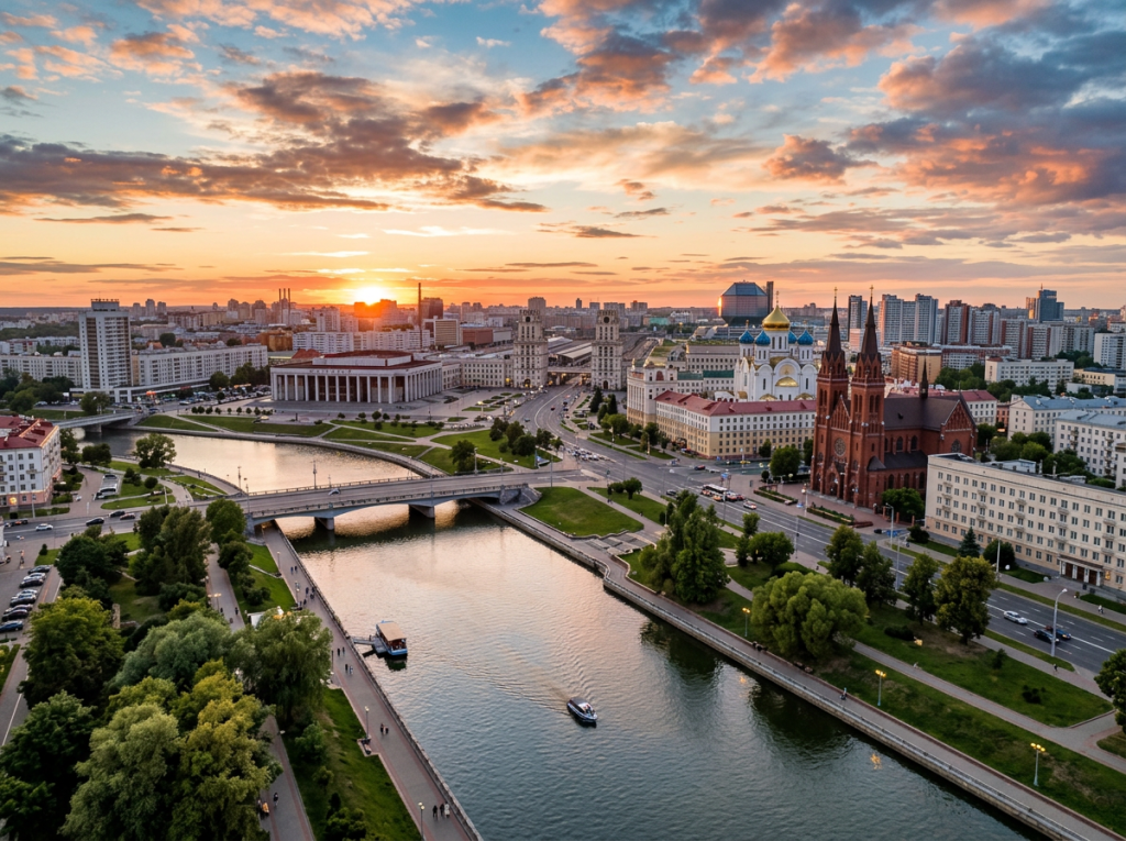 Cityscape at sunset with river, bridge, church with blue and gold domes, and urban skyline