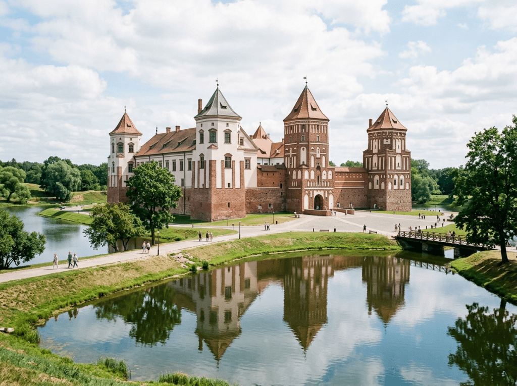 Historic brick and white castle with four towers reflected in surrounding moat