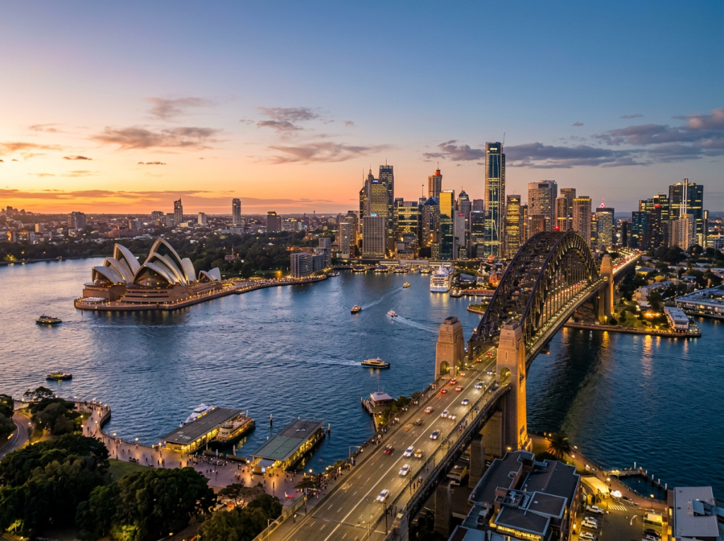 Sydney Opera House and Harbour Bridge with city skyline at sunset