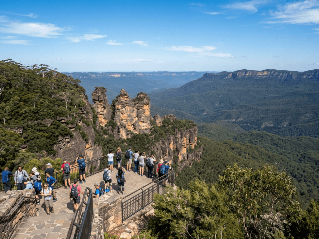 Tourists viewing the Three Sisters sandstone rock formation at mountain lookout