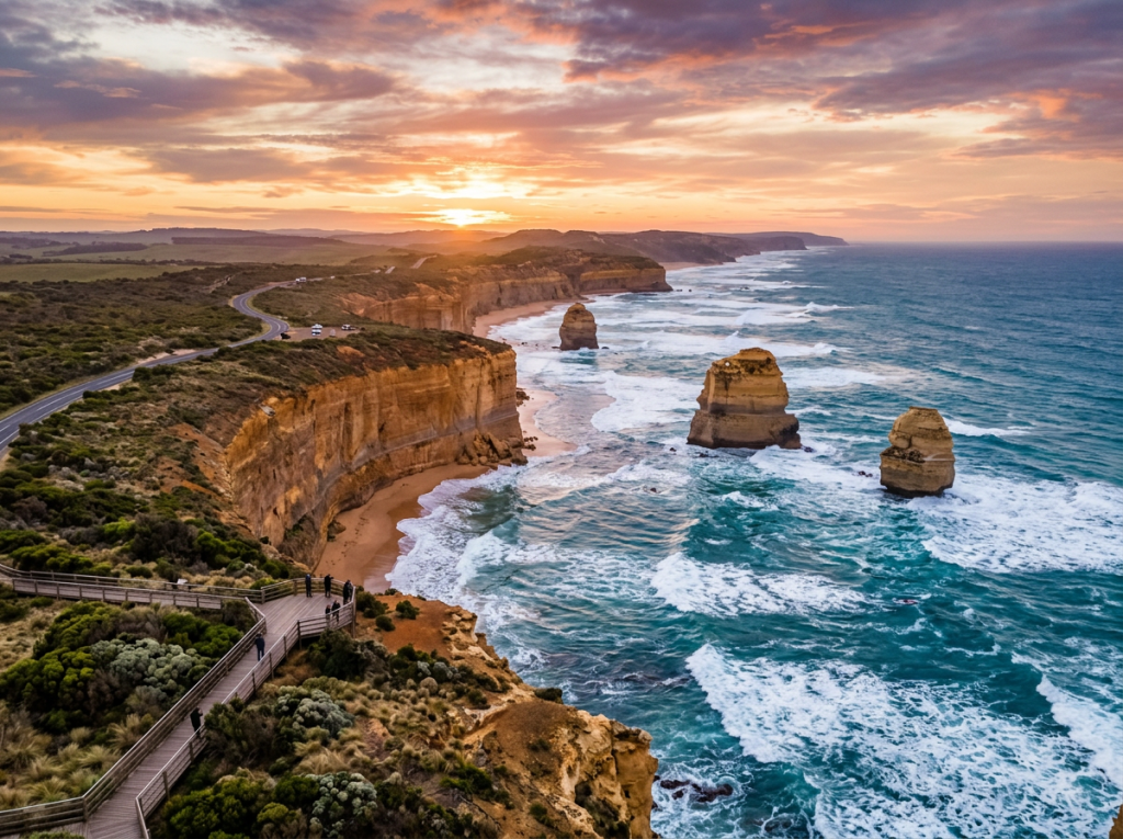 Coastal cliffs with sea stacks and a sunset sky over the ocean