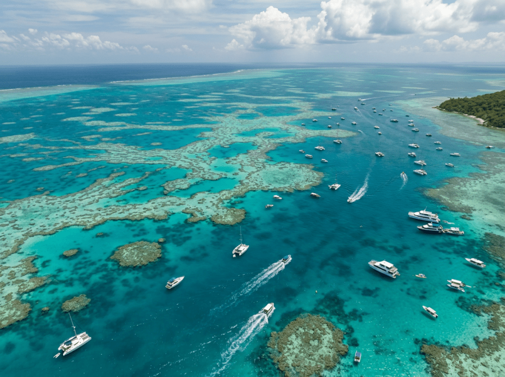 Aerial view of boats near a colorful coral reef in turquoise ocean