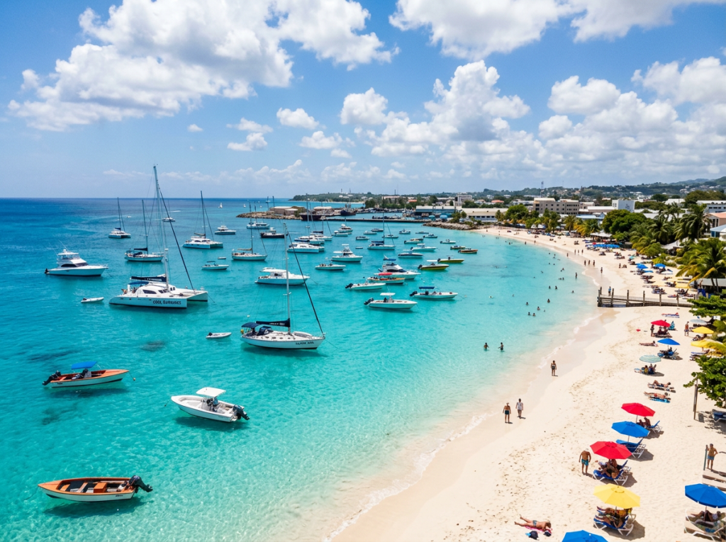 Tropical beach with clear blue water, numerous boats anchored, and colorful umbrellas along the sandy shore