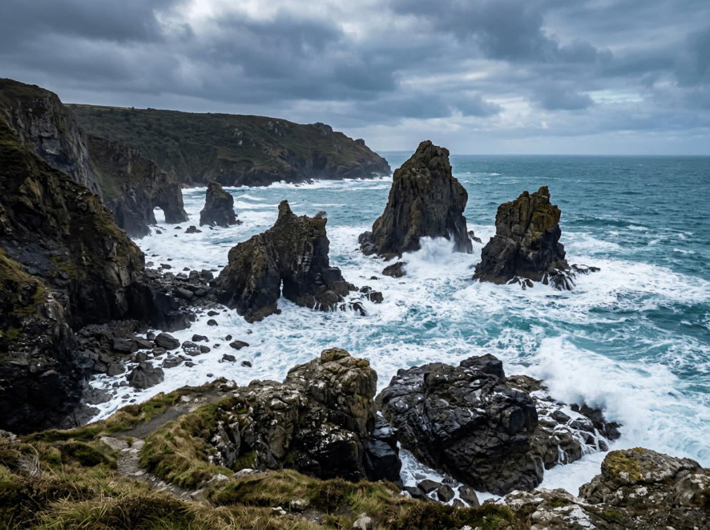 Rough ocean waves hitting tall rocky sea stacks and cliffs on a cloudy day