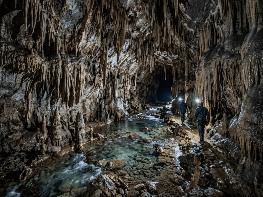 Two people with headlamps walking through a cave with stalactites and a clear flowing stream