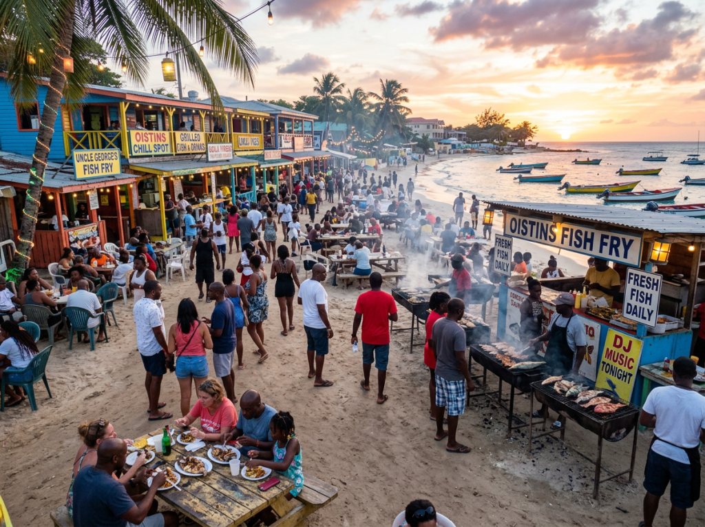 Crowded beachside fish fry with people dining and grilling fresh fish at sunset