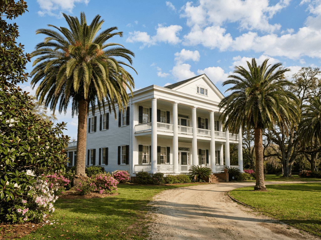 Two-story white mansion with columns, palm trees, and blooming flowers
