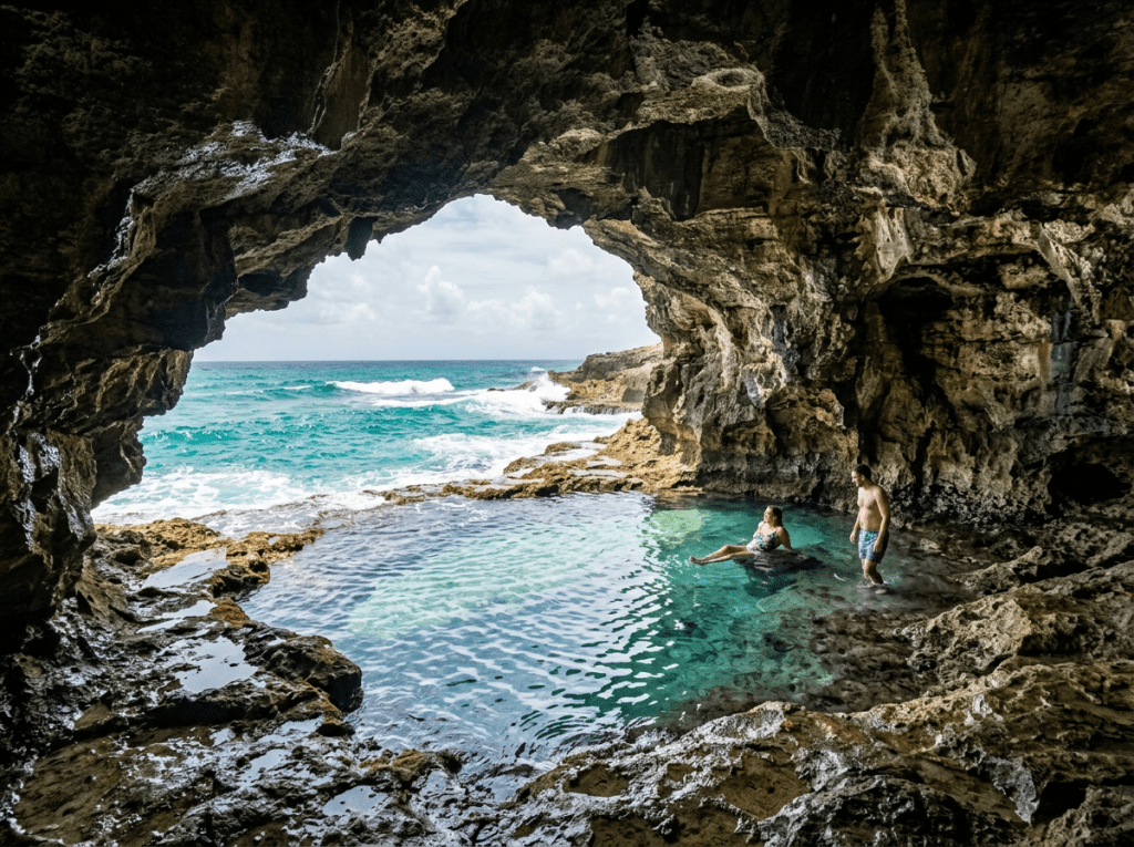 Two people in a turquoise natural pool inside a rocky ocean cave opening to the sea