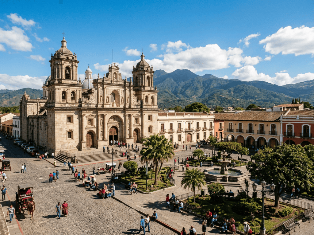 Historic plaza with stone church, people walking, palm trees, and mountains