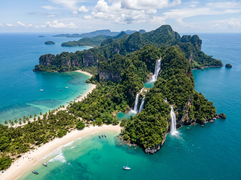 Tropical island with green forest, three waterfalls, white sandy beaches, and clear blue ocean