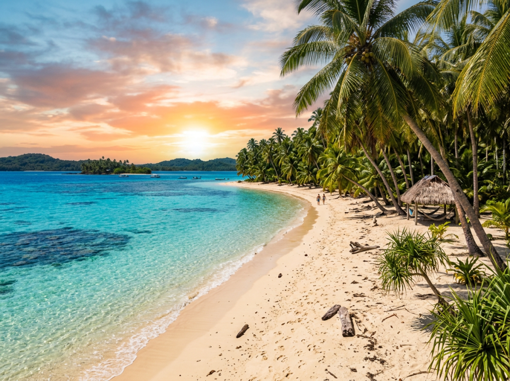 Tropical sandy beach with palm trees and clear turquoise ocean at sunset
