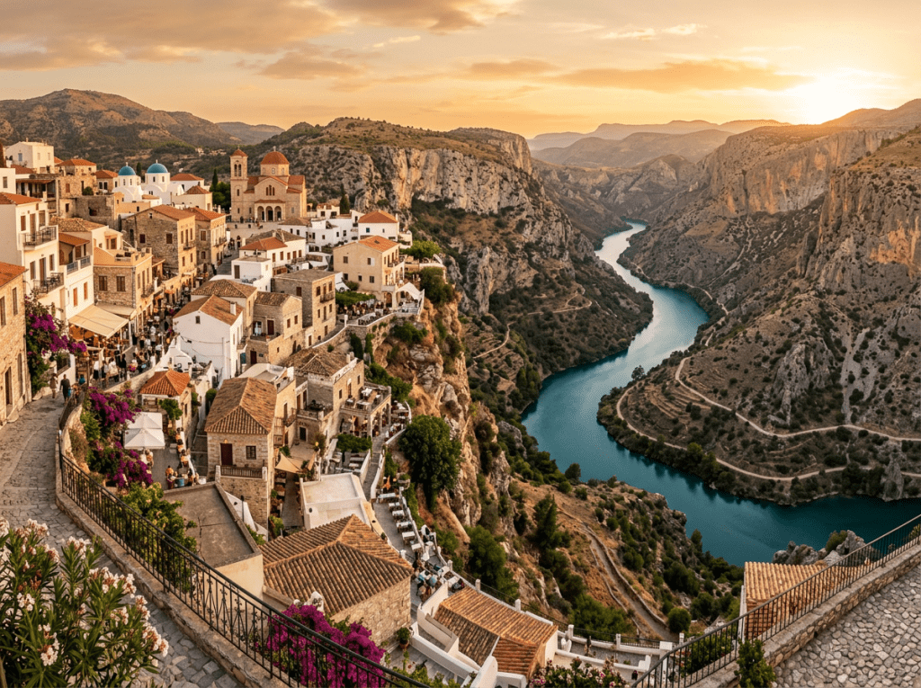Cliffside village with terracotta roofs, churches, and winding river below