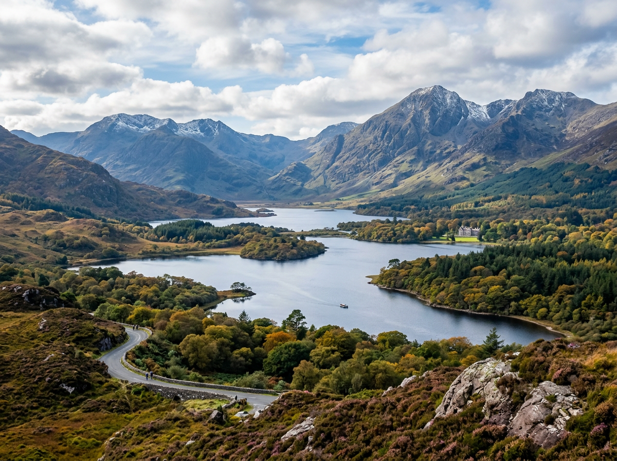 Loch with forested banks and mountains under cloudy sky