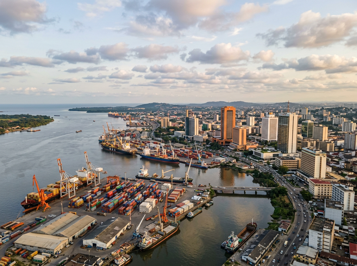 City skyline with multiple high-rise buildings and a busy port with shipping containers and cranes along the river
