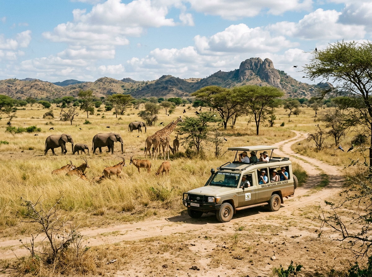 Safari vehicle with tourists watching elephants, giraffes, and antelopes in savanna