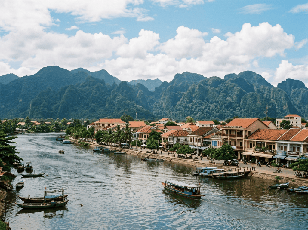 Riverside town with traditional buildings and boats on river, mountains in background