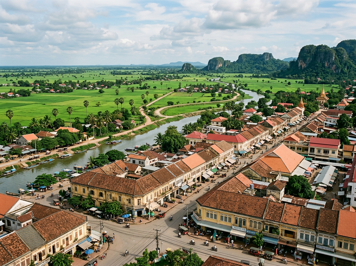 Riverside town with tiled roofs, river, green fields, and hills