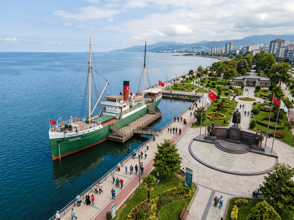 Historic green and white ship docked beside a coastal park with visitors and a monument with Turkish flags
