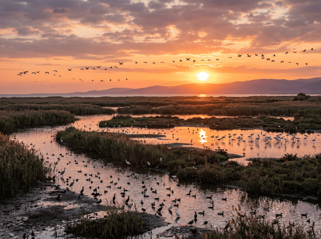Wetland with many water birds and flying birds at sunset