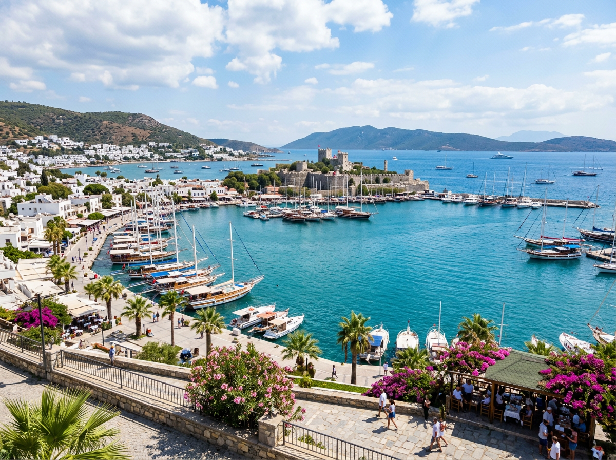 Bodrum harbor with boats, castle, white buildings, and mountains
