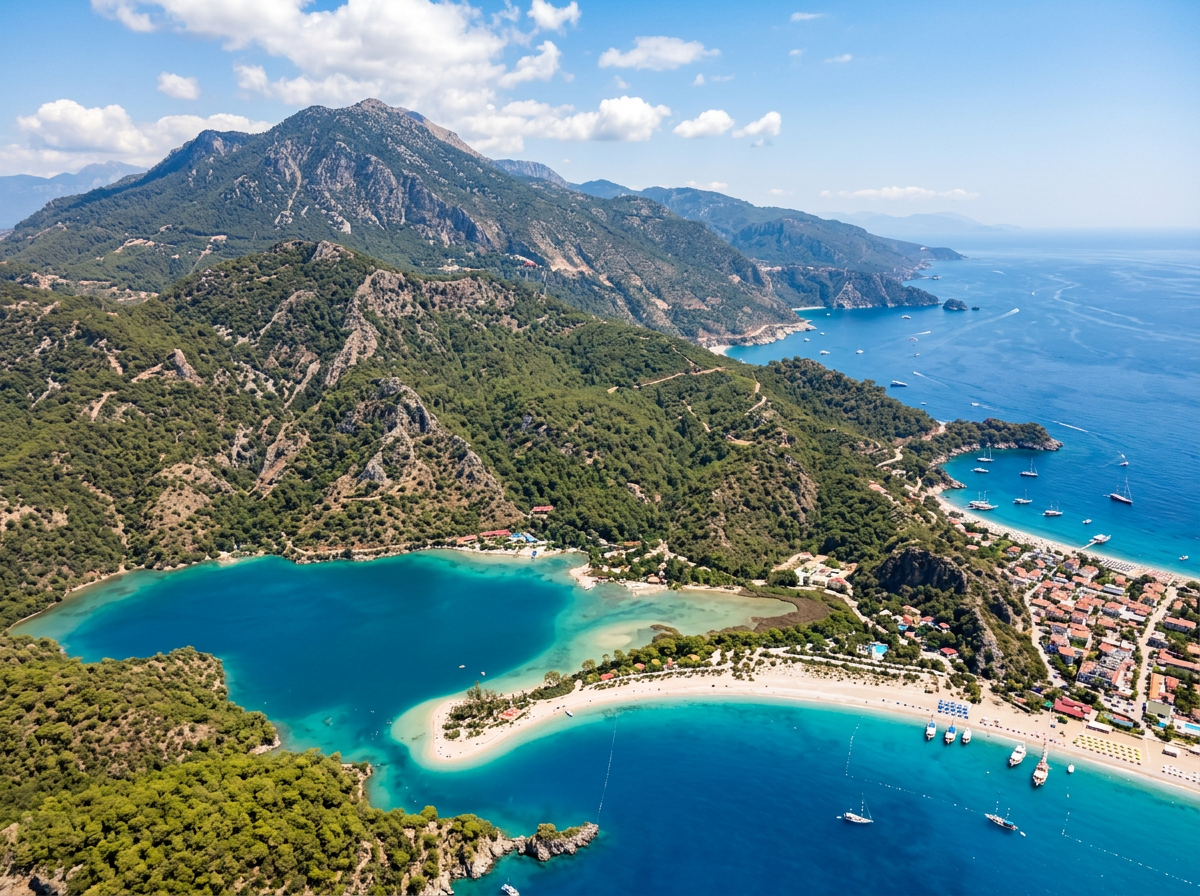 Aerial view of turquoise lagoons, beaches, boats, and forested mountains