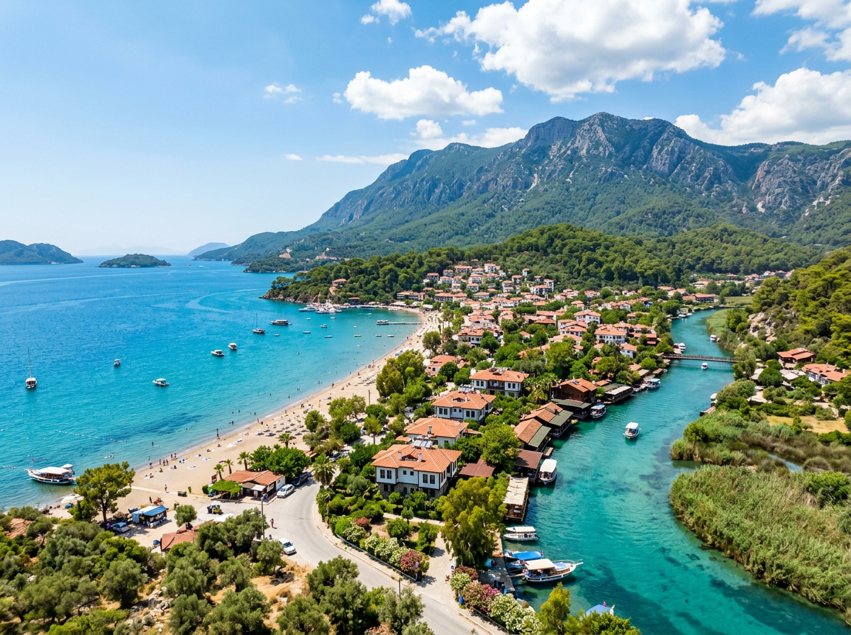 Coastal village with red-roofed buildings, turquoise water, and mountain peaks