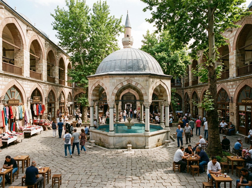 Domed fountain surrounded by shops, cafés, trees, and visitors