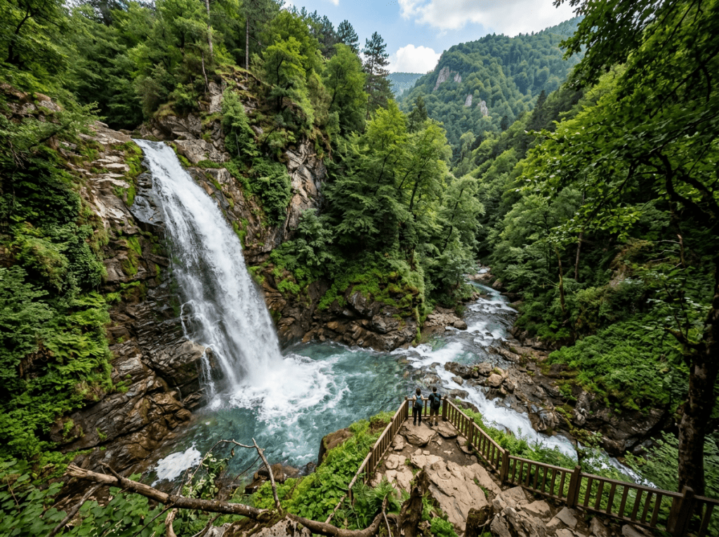 Waterfall cascading into a turquoise pool beside a forest overlook