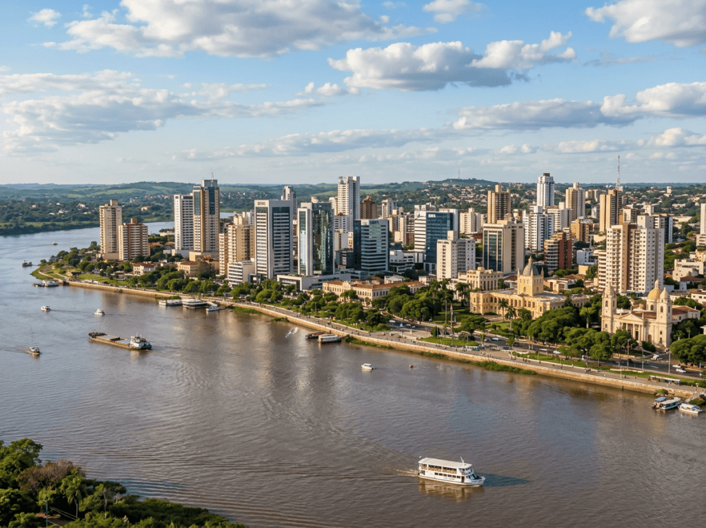 Riverfront city skyline with boats, high-rises, and historic churches