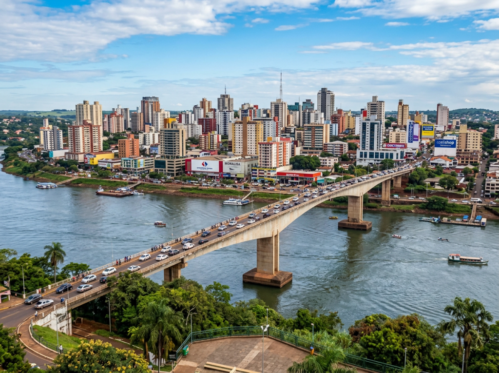 Busy bridge crossing a wide river beside a dense city skyline