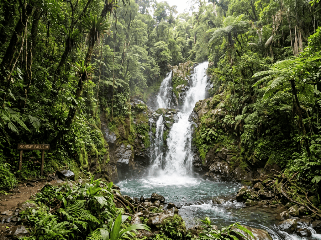 Monday Falls cascading through lush rainforest into a turquoise pool